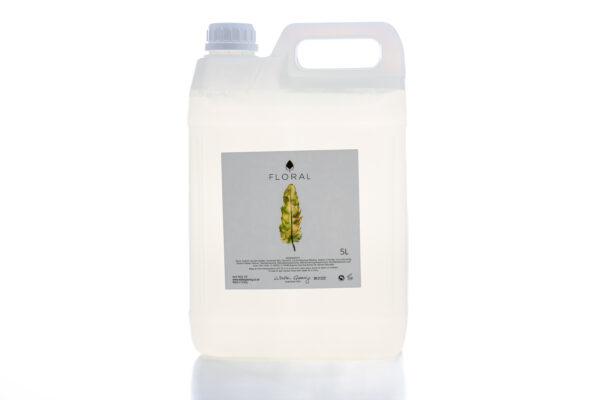 5L refill bottles of Floral toiletry collection, offering fresh, floral-scented sustainable toiletries for hospitality use.