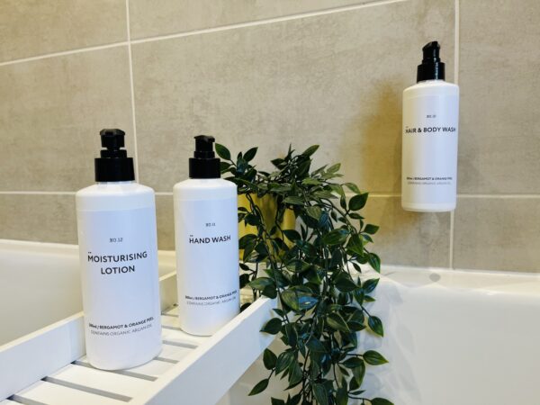 Two eco-friendly hotel toiletries (shampoo bottles) sitting on a shelf next to a plant.