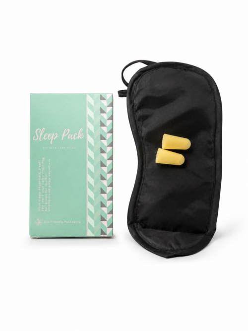 Sleep Pack with black eye mask and yellow foam ear plugs in plastic-free bamboo and recycled wood pulp packaging.